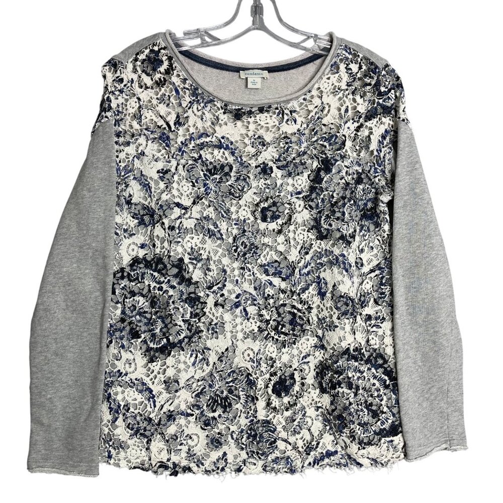 Sundance Caraway Lace Pullover Sweatshirt Women's S Grey Blue Floral Boho